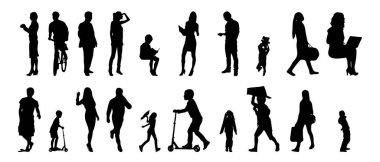 Vektör siluetleri, insanların ana hatları, Contour çizimleri, insanların siluetleri, ikon kümesi izole edilmiş, oturan insanların silueti, mimari set