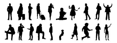 Vektör siluetleri, insanların ana hatları, Contour çizimleri, insanların siluetleri, ikon kümesi izole edilmiş, oturan insanların silueti, mimari set