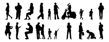 Vektör siluetleri, insanların ana hatları, Contour çizimleri, insanların siluetleri, ikon kümesi izole edilmiş, oturan insanların silueti, mimari set