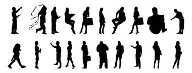 Vektör siluetleri, insanların ana hatları, Contour çizimleri, insanların siluetleri, ikon kümesi izole edilmiş, oturan insanların silueti, mimari set
