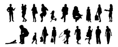 Vektör siluetleri, insanların ana hatları, Contour çizimleri, insanların siluetleri, ikon kümesi izole edilmiş, oturan insanların silueti, mimari set