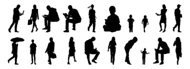 Vektör siluetleri, insanların ana hatları, Contour çizimleri, insanların siluetleri, ikon kümesi izole edilmiş, oturan insanların silueti, mimari set