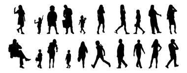 Vektör siluetleri, insanların ana hatları, Contour çizimleri, insanların siluetleri, ikon kümesi izole edilmiş, oturan insanların silueti, mimari set