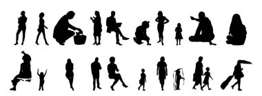 Vektör siluetleri, insanların ana hatları, Contour çizimleri, insanların siluetleri, ikon kümesi izole edilmiş, oturan insanların silueti, mimari set