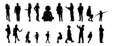 Vektör siluetleri, insanların ana hatları, Contour çizimleri, insanların siluetleri, ikon kümesi izole edilmiş, oturan insanların silueti, mimari set