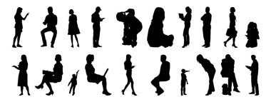 Vektör siluetleri, insanların ana hatları, Contour çizimleri, insanların siluetleri, ikon kümesi izole edilmiş, oturan insanların silueti, mimari set