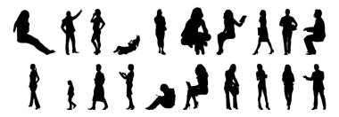 Vektör siluetleri, insanların ana hatları, Contour çizimleri, insanların siluetleri, ikon kümesi izole edilmiş, oturan insanların silueti, mimari set