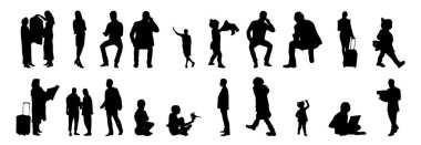 Vektör siluetleri, insanların ana hatları, Contour çizimleri, insanların siluetleri, ikon kümesi izole edilmiş, oturan insanların silueti, mimari set