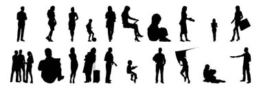 Vektör siluetleri, insanların ana hatları, Contour çizimleri, insanların siluetleri, ikon kümesi izole edilmiş, oturan insanların silueti, mimari set