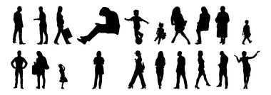 Vektör siluetleri, insanların ana hatları, Contour çizimleri, insanların siluetleri, ikon kümesi izole edilmiş, oturan insanların silueti, mimari set