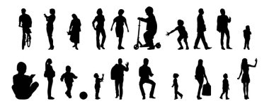 Vektör siluetleri, insanların ana hatları, Contour çizimleri, insanların siluetleri, ikon kümesi izole edilmiş, oturan insanların silueti, mimari set