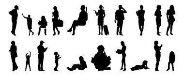 Vektör siluetleri, insanların ana hatları, Contour çizimleri, insanların siluetleri, ikon kümesi izole edilmiş, oturan insanların silueti, mimari set