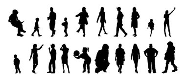Vektör siluetleri, insanların ana hatları, Contour çizimleri, insanların siluetleri, ikon kümesi izole edilmiş, oturan insanların silueti, mimari set