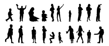 Vektör siluetleri, insanların ana hatları, Contour çizimleri, insanların siluetleri, ikon kümesi izole edilmiş, oturan insanların silueti, mimari set