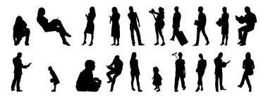 Vektör siluetleri, insanların ana hatları, Contour çizimleri, insanların siluetleri, ikon kümesi izole edilmiş, oturan insanların silueti, mimari set
