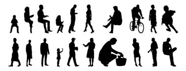 Vektör siluetleri, insanların ana hatları, Contour çizimleri, insanların siluetleri, ikon kümesi izole edilmiş, oturan insanların silueti, mimari set
