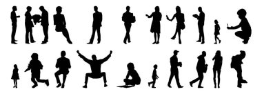 Vektör siluetleri, insanların ana hatları, Contour çizimleri, insanların siluetleri, ikon kümesi izole edilmiş, oturan insanların silueti, mimari set