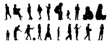 Vektör siluetleri, insanların ana hatları, Contour çizimleri, insanların siluetleri, ikon kümesi izole edilmiş, oturan insanların silueti, mimari set