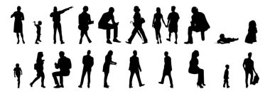 Vektör siluetleri, insanların ana hatları, Contour çizimleri, insanların siluetleri, ikon kümesi izole edilmiş, oturan insanların silueti, mimari set