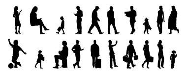 Vektör siluetleri, insanların ana hatları, Contour çizimleri, insanların siluetleri, ikon kümesi izole edilmiş, oturan insanların silueti, mimari set