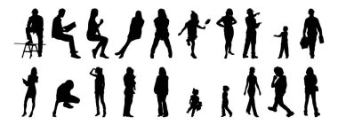 Vektör siluetleri, insanların ana hatları, Contour çizimleri, insanların siluetleri, ikon kümesi izole edilmiş, oturan insanların silueti, mimari set