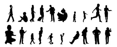 Vektör siluetleri, insanların ana hatları, Contour çizimleri, insanların siluetleri, ikon kümesi izole edilmiş, oturan insanların silueti, mimari set