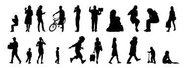 Vektör siluetleri, insanların ana hatları, Contour çizimleri, insanların siluetleri, ikon kümesi izole edilmiş, oturan insanların silueti, mimari set