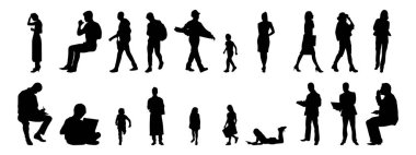 Vektör siluetleri, insanların ana hatları, Contour çizimleri, insanların siluetleri, ikon kümesi izole edilmiş, oturan insanların silueti, mimari set