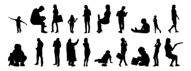 Vektör siluetleri, insanların ana hatları, Contour çizimleri, insanların siluetleri, ikon kümesi izole edilmiş, oturan insanların silueti, mimari set