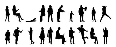 Vektör siluetleri, insanların ana hatları, Contour çizimleri, insanların siluetleri, ikon kümesi izole edilmiş, oturan insanların silueti, mimari set