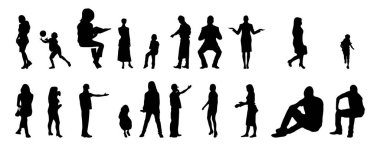 Vektör siluetleri, insanların ana hatları, Contour çizimleri, insanların siluetleri, ikon kümesi izole edilmiş, oturan insanların silueti, mimari set