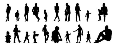 Vektör siluetleri, insanların ana hatları, Contour çizimleri, insanların siluetleri, ikon kümesi izole edilmiş, oturan insanların silueti, mimari set