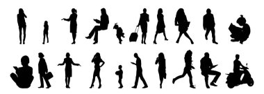 Vektör siluetleri, insanların ana hatları, Contour çizimleri, insanların siluetleri, ikon kümesi izole edilmiş, oturan insanların silueti, mimari set