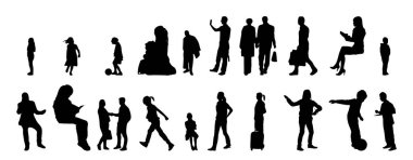 Vektör siluetleri, insanların ana hatları, Contour çizimleri, insanların siluetleri, ikon kümesi izole edilmiş, oturan insanların silueti, mimari set