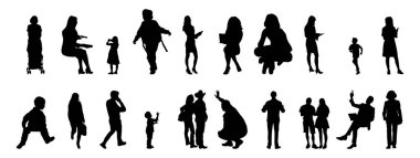 Vektör siluetleri, insanların ana hatları, Contour çizimleri, insanların siluetleri, ikon kümesi izole edilmiş, oturan insanların silueti, mimari set