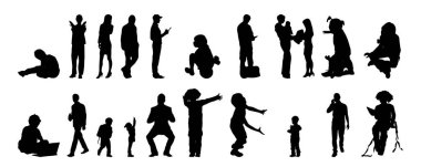 Vektör siluetleri, insanların ana hatları, Contour çizimleri, insanların siluetleri, ikon kümesi izole edilmiş, oturan insanların silueti, mimari set