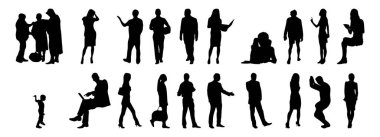 Vektör siluetleri, insanların ana hatları, Contour çizimleri, insanların siluetleri, ikon kümesi izole edilmiş, oturan insanların silueti, mimari set