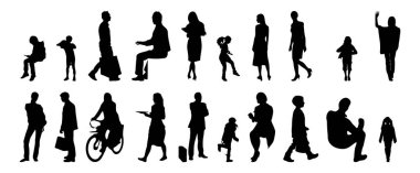 Vektör siluetleri, insanların ana hatları, Contour çizimleri, insanların siluetleri, ikon kümesi izole edilmiş, oturan insanların silueti, mimari set