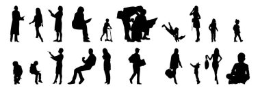 Vektör siluetleri, insanların ana hatları, Contour çizimleri, insanların siluetleri, ikon kümesi izole edilmiş, oturan insanların silueti, mimari set