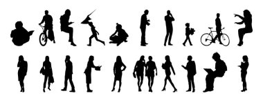 Vektör siluetleri, insanların ana hatları, Contour çizimleri, insanların siluetleri, ikon kümesi izole edilmiş, oturan insanların silueti, mimari set