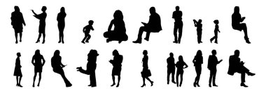 Vektör siluetleri, insanların ana hatları, Contour çizimleri, insanların siluetleri, ikon kümesi izole edilmiş, oturan insanların silueti, mimari set