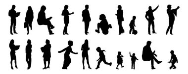 Vektör siluetleri, insanların ana hatları, Contour çizimleri, insanların siluetleri, ikon kümesi izole edilmiş, oturan insanların silueti, mimari set