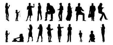 Vektör siluetleri, insanların ana hatları, Contour çizimleri, insanların siluetleri, ikon kümesi izole edilmiş, oturan insanların silueti, mimari set