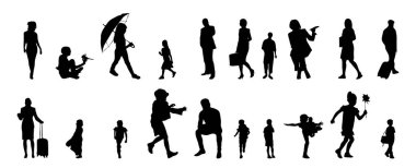 Vektör siluetleri, insanların ana hatları, Contour çizimleri, insanların siluetleri, ikon kümesi izole edilmiş, oturan insanların silueti, mimari set