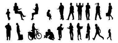 Vektör siluetleri, insanların ana hatları, Contour çizimleri, insanların siluetleri, ikon kümesi izole edilmiş, oturan insanların silueti, mimari set