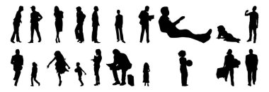 Vektör siluetleri, insanların ana hatları, Contour çizimleri, insanların siluetleri, ikon kümesi izole edilmiş, oturan insanların silueti, mimari set