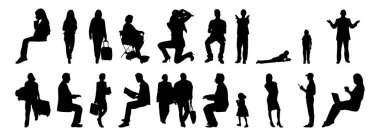 Vektör siluetleri, insanların ana hatları, Contour çizimleri, insanların siluetleri, ikon kümesi izole edilmiş, oturan insanların silueti, mimari set