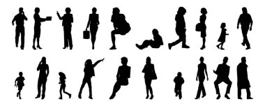 Vektör siluetleri, insanların ana hatları, Contour çizimleri, insanların siluetleri, ikon kümesi izole edilmiş, oturan insanların silueti, mimari set