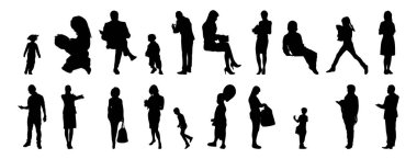 Vektör siluetleri, insanların ana hatları, Contour çizimleri, insanların siluetleri, ikon kümesi izole edilmiş, oturan insanların silueti, mimari set