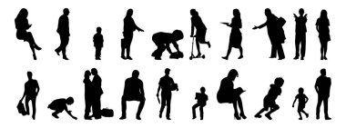 Vektör siluetleri, insanların ana hatları, Contour çizimleri, insanların siluetleri, ikon kümesi izole edilmiş, oturan insanların silueti, mimari set